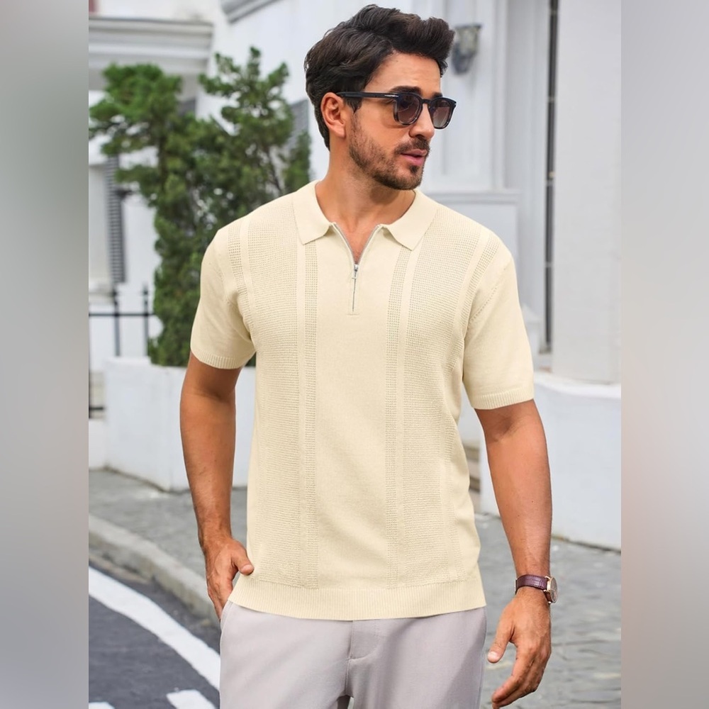 Runcati Beige Men's Quarter Zip Knit Polo Shirt XL Short Sleeve Golf Top‎ New